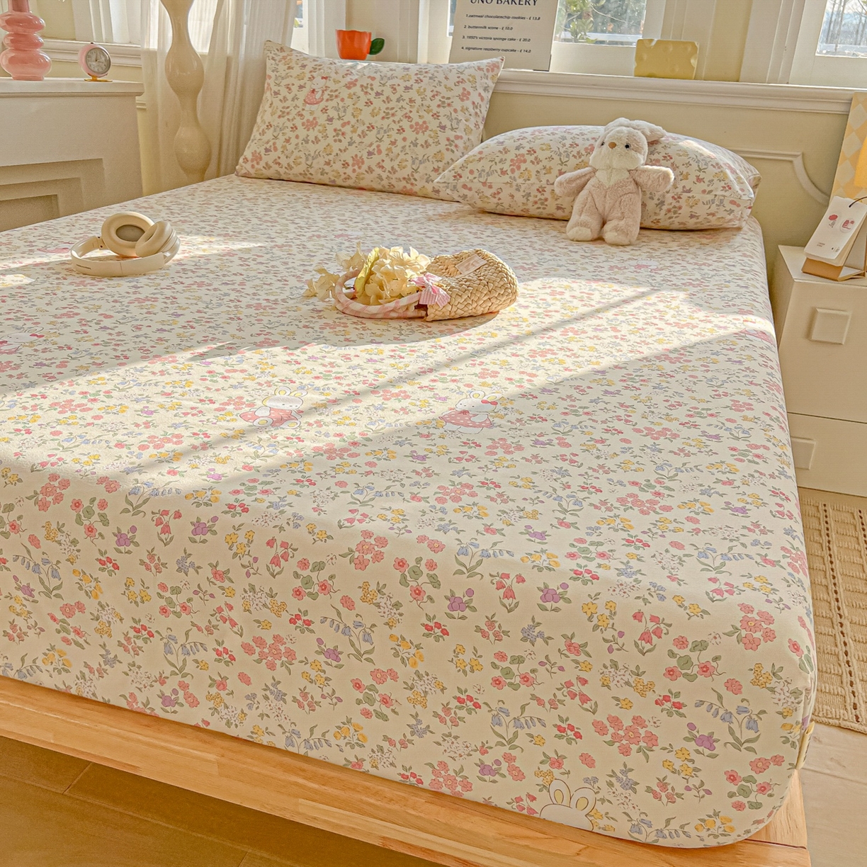 91家纺网 家纺一手货源 找家纺 韩巢家纺 2026新款老粗布床笠春夏季凉席席子热销款防滑床笠单件 兔子的花园【老粗布】