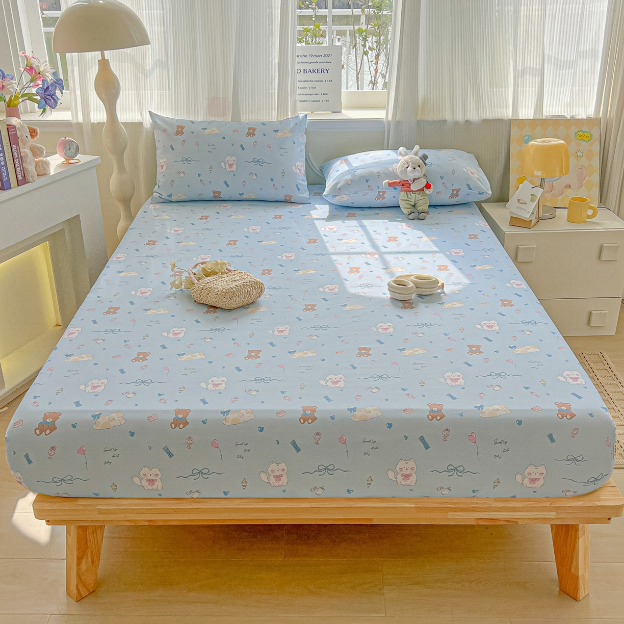 91家纺网 家纺一手货源 找家纺 韩巢家纺 2026新款老粗布床笠春夏季凉席席子热销款防滑床笠单件 小猫时光蓝【老粗布】