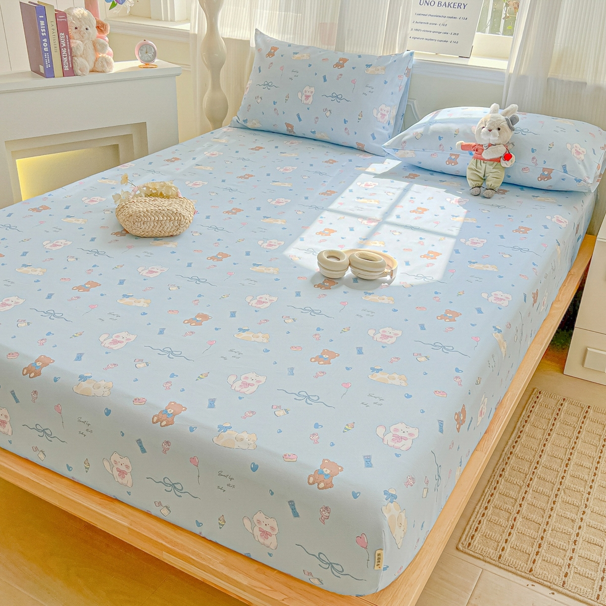 91家纺网 家纺一手货源 找家纺 韩巢家纺 2026新款老粗布床笠春夏季凉席席子热销款防滑床笠单件 小猫时光蓝【老粗布】