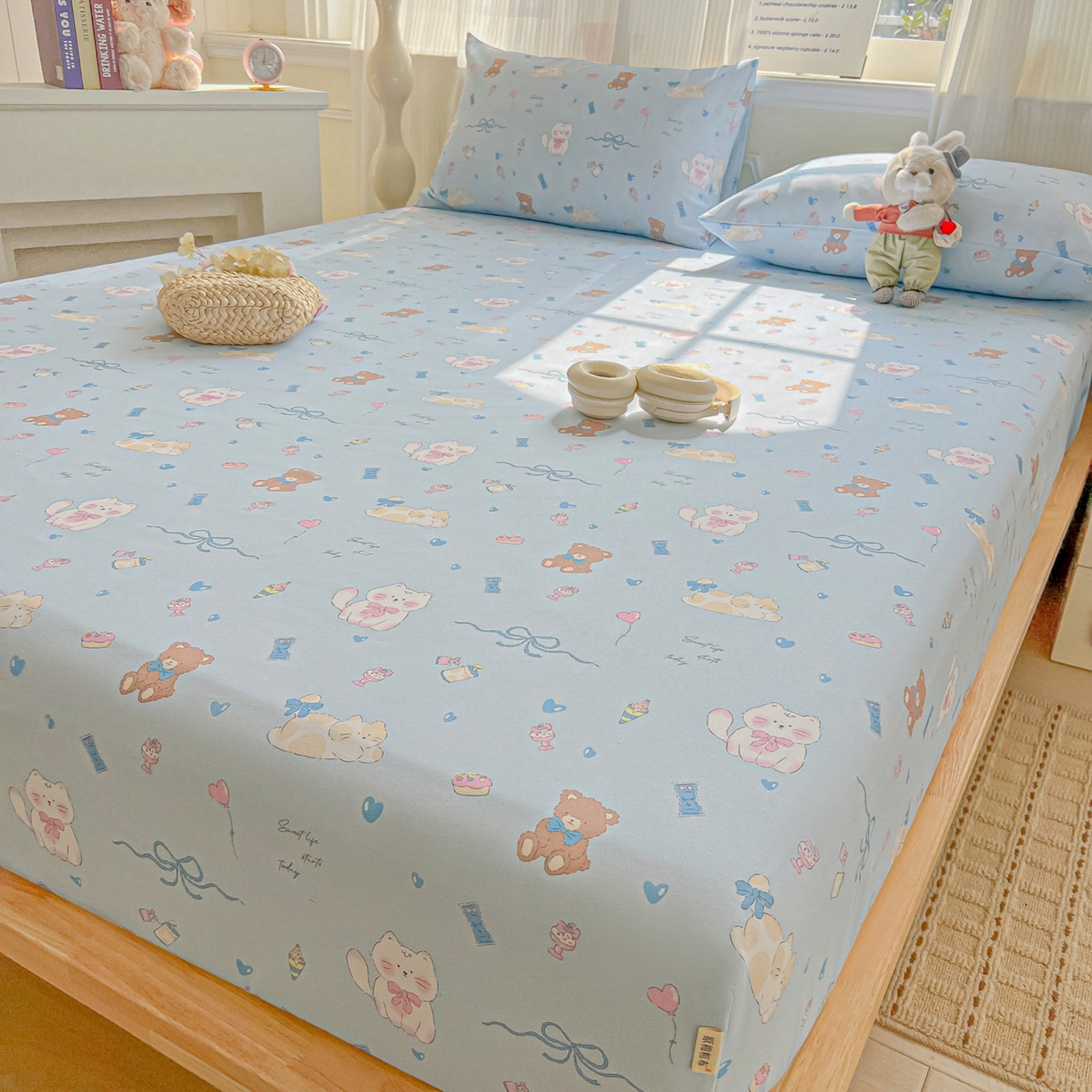 91家纺网 家纺一手货源 找家纺 韩巢家纺 2026新款老粗布床笠春夏季凉席席子热销款防滑床笠单件 小猫时光蓝【老粗布】