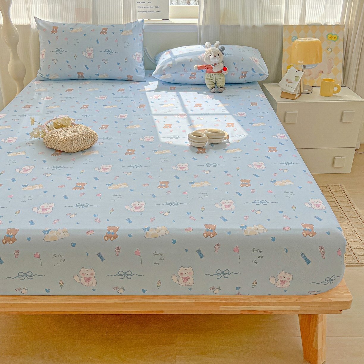 91家纺网 家纺一手货源 找家纺 韩巢家纺 2026新款老粗布床笠春夏季凉席席子热销款防滑床笠单件 小猫时光蓝【老粗布】