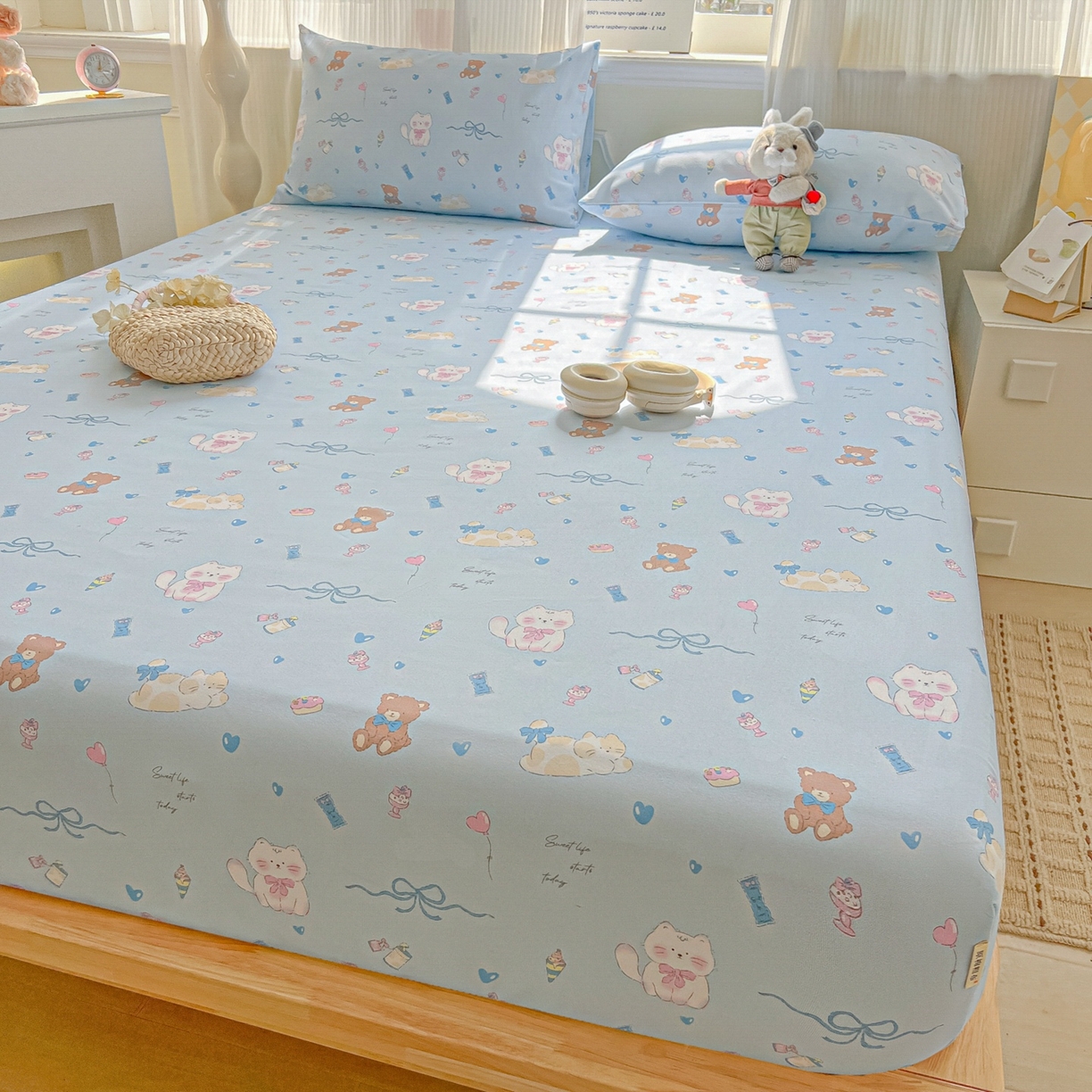 91家纺网 家纺一手货源 找家纺 韩巢家纺 2026新款老粗布床笠春夏季凉席席子热销款防滑床笠单件 小猫时光蓝【老粗布】