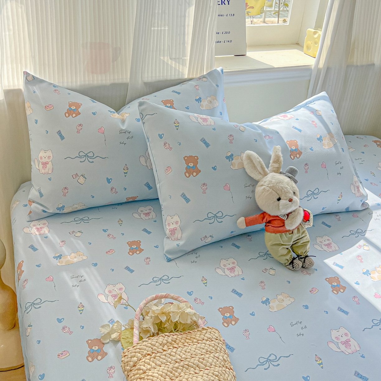 91家纺网 家纺一手货源 找家纺 韩巢家纺 2026新款老粗布床笠春夏季凉席席子热销款防滑床笠单件 小猫时光蓝【老粗布】