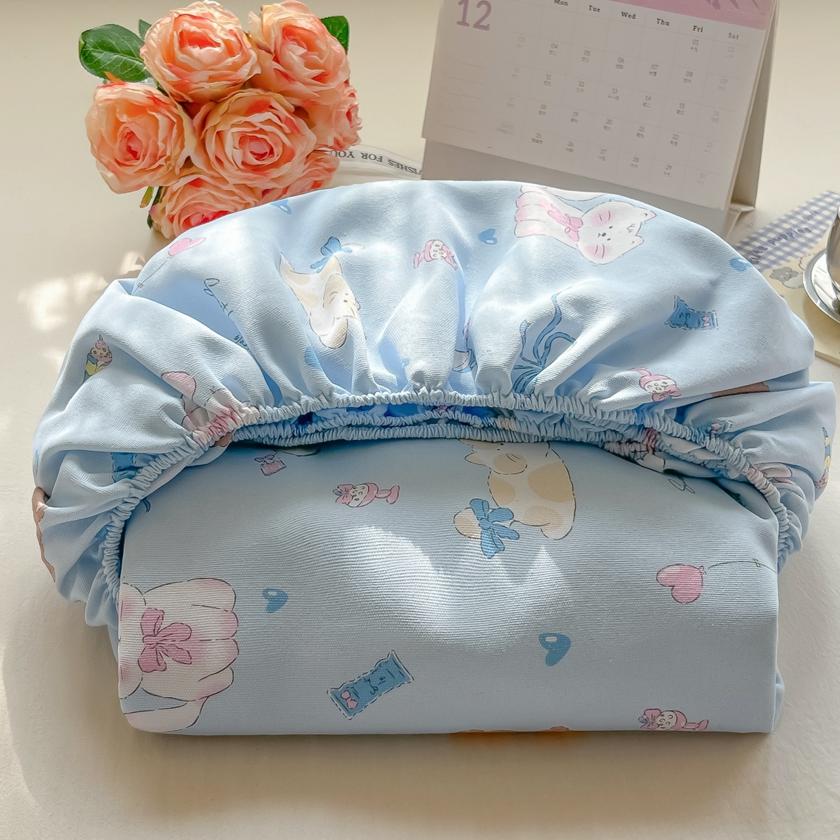 91家纺网 家纺一手货源 找家纺 韩巢家纺 2026新款老粗布床笠春夏季凉席席子热销款防滑床笠单件 小猫时光蓝【老粗布】