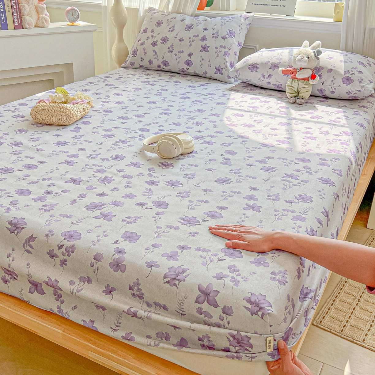 91家纺网 家纺一手货源 找家纺 韩巢家纺 2026新款老粗布床笠春夏季凉席席子热销款防滑床笠单件 幽梦紫【老粗布】