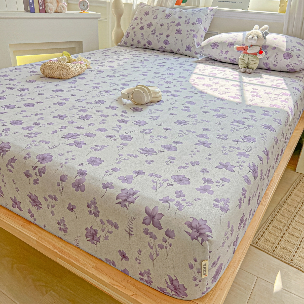 91家纺网 家纺一手货源 找家纺 韩巢家纺 2026新款老粗布床笠春夏季凉席席子热销款防滑床笠单件 幽梦紫【老粗布】