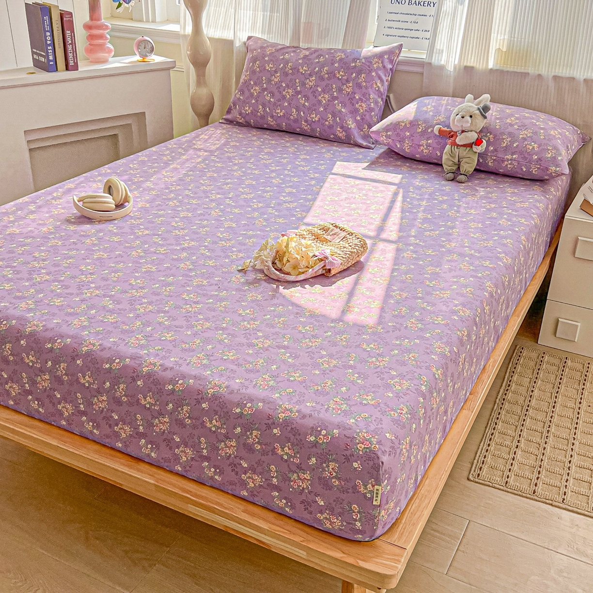 91家纺网 家纺一手货源 找家纺 韩巢家纺 2026新款老粗布床笠春夏季凉席席子热销款防滑床笠单件 紫韵繁花【老粗布】