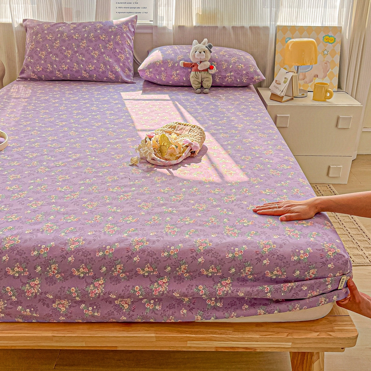 91家纺网 家纺一手货源 找家纺 韩巢家纺 2026新款老粗布床笠春夏季凉席席子热销款防滑床笠单件 紫韵繁花【老粗布】