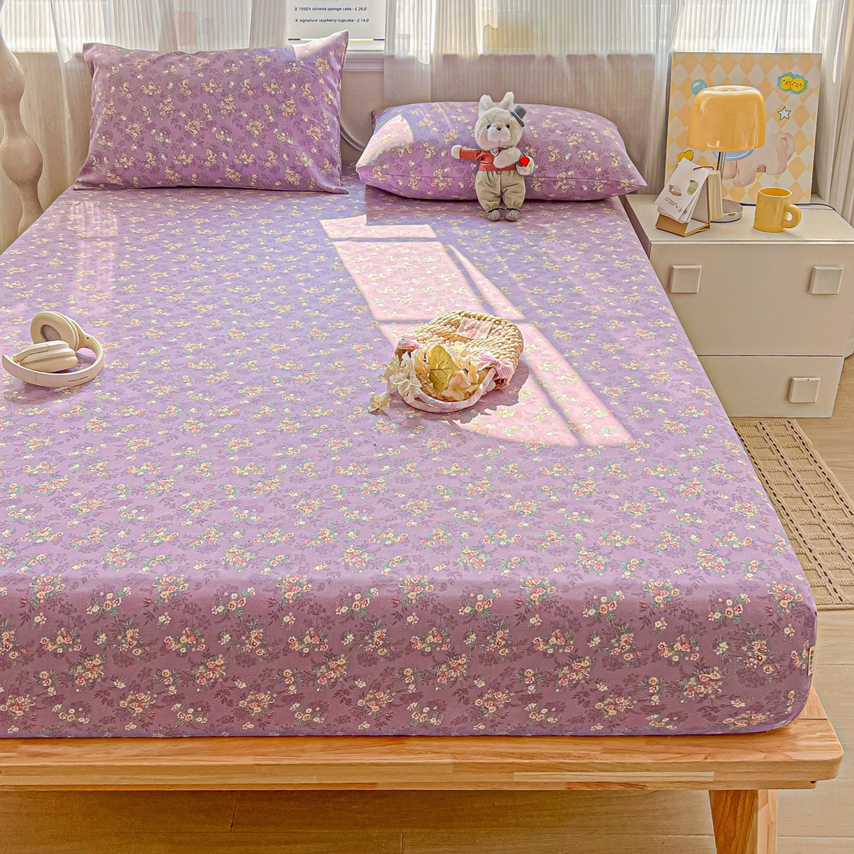 91家纺网 家纺一手货源 找家纺 韩巢家纺 2026新款老粗布床笠春夏季凉席席子热销款防滑床笠单件 紫韵繁花【老粗布】