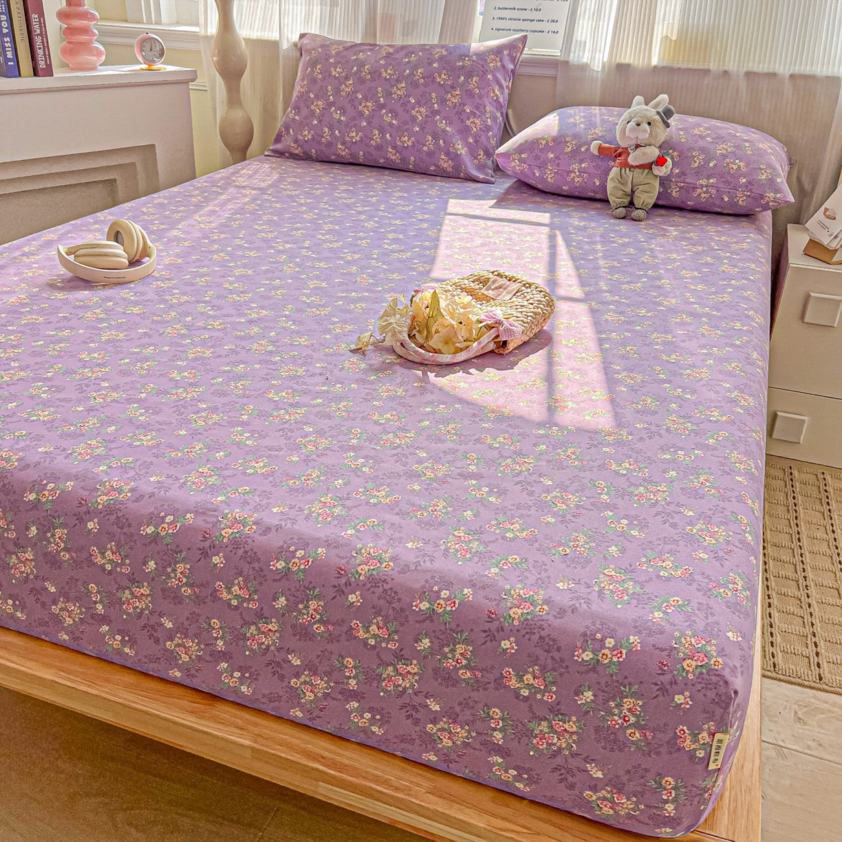 91家纺网 家纺一手货源 找家纺 韩巢家纺 2026新款老粗布床笠春夏季凉席席子热销款防滑床笠单件 紫韵繁花【老粗布】