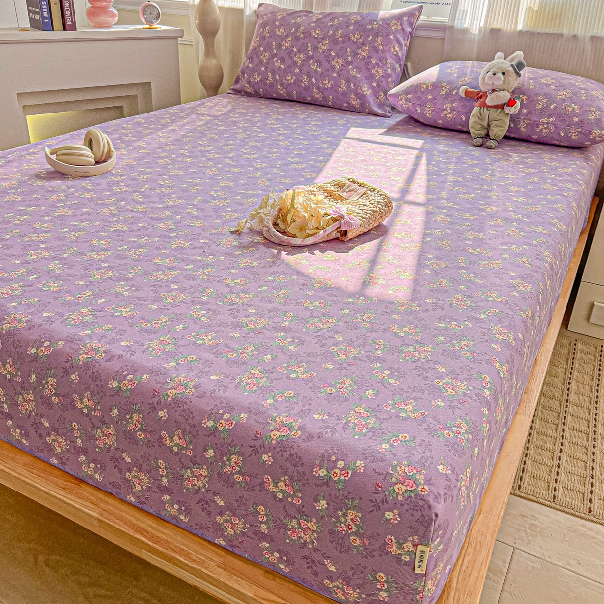 91家纺网 家纺一手货源 找家纺 韩巢家纺 2026新款老粗布床笠春夏季凉席席子热销款防滑床笠单件 紫韵繁花【老粗布】