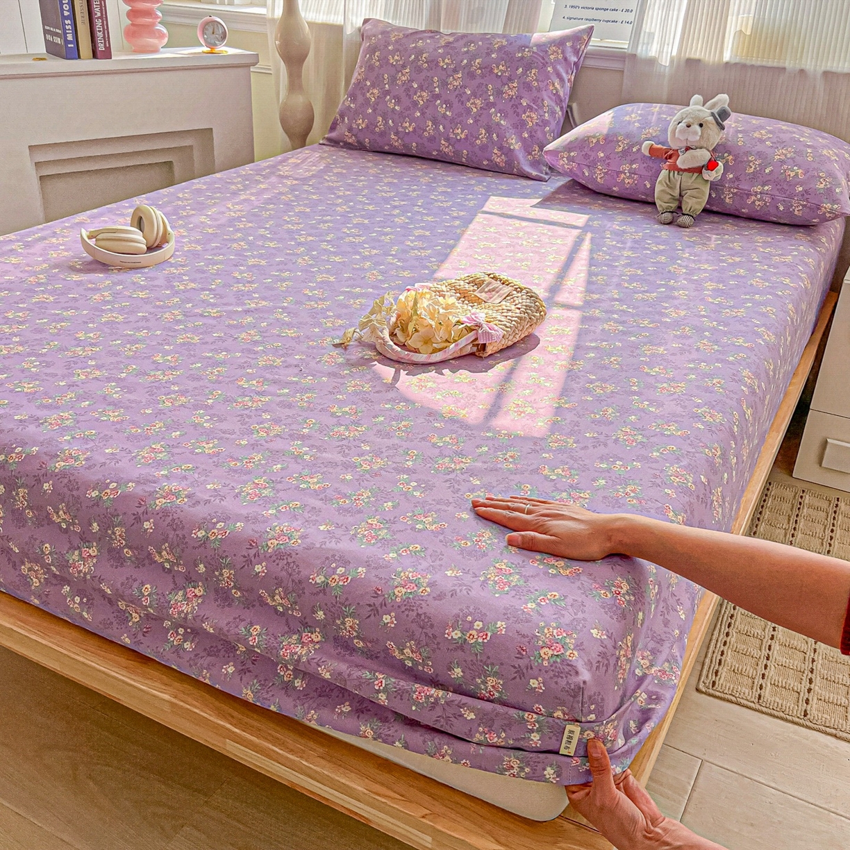 91家纺网 家纺一手货源 找家纺 韩巢家纺 2026新款老粗布床笠春夏季凉席席子热销款防滑床笠单件 紫韵繁花【老粗布】