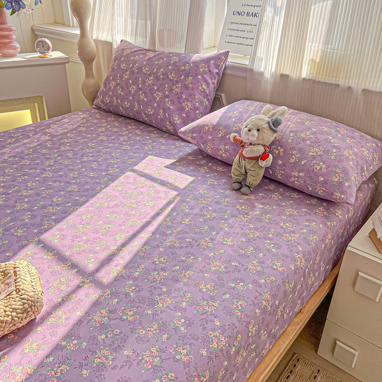 91家纺网 家纺一手货源 找家纺 韩巢家纺 2026新款老粗布床笠春夏季凉席席子热销款防滑床笠单件 紫韵繁花【老粗布】