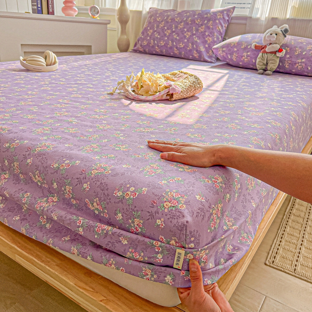 91家纺网 家纺一手货源 找家纺 韩巢家纺 2026新款老粗布床笠春夏季凉席席子热销款防滑床笠单件 紫韵繁花【老粗布】