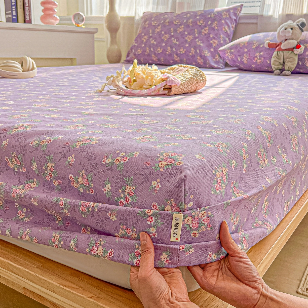 91家纺网 家纺一手货源 找家纺 韩巢家纺 2026新款老粗布床笠春夏季凉席席子热销款防滑床笠单件 紫韵繁花【老粗布】