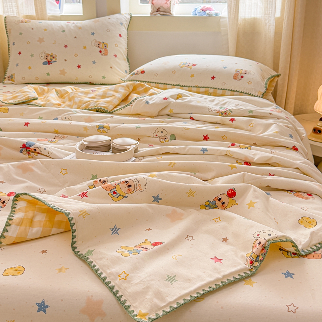 91家纺网 家纺一手货源 找家纺 （总）简宜家居（朝初家纺） 2026新款全棉花卉卡通系列贝壳边夏被四件套