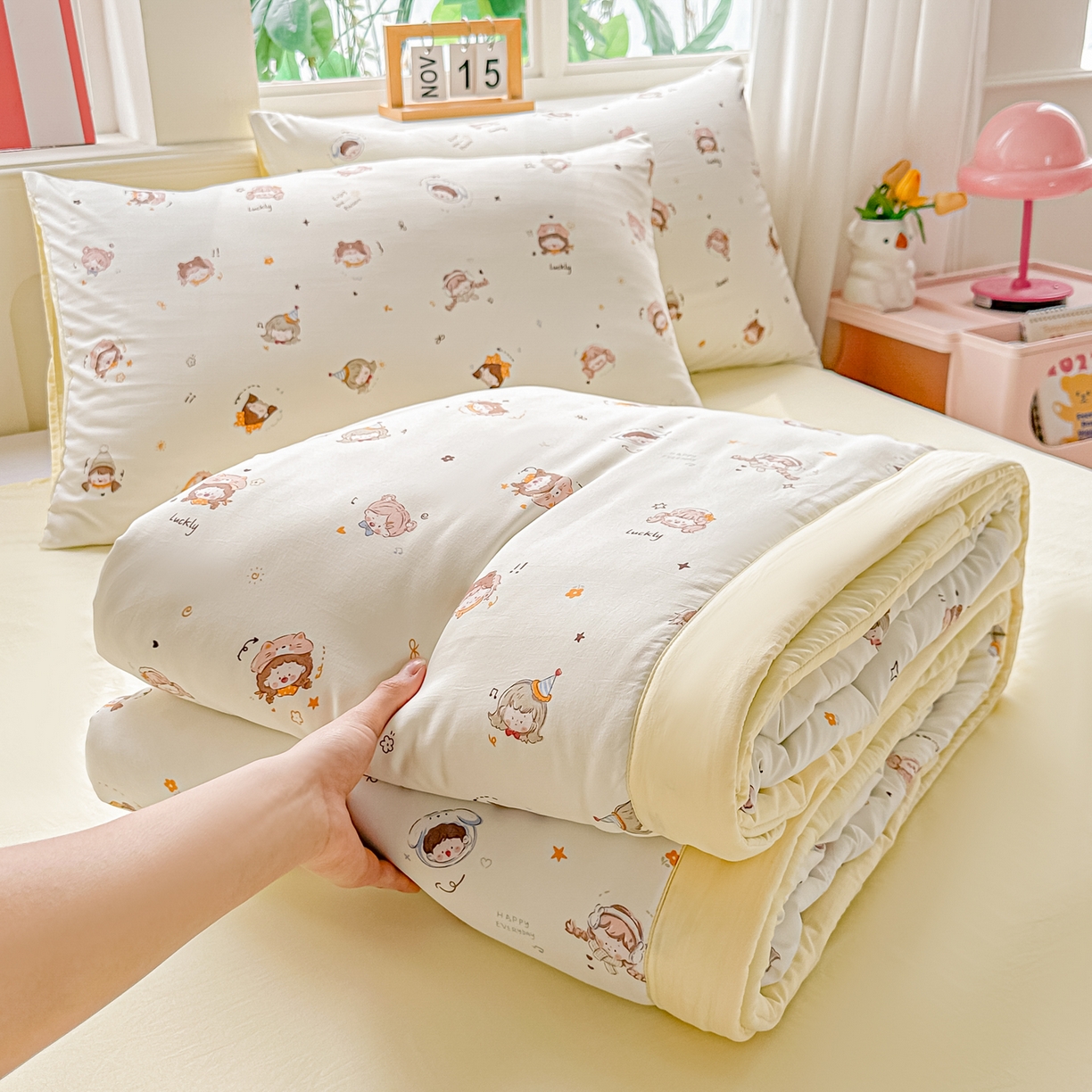 91家纺网 家纺一手货源 找家纺 颜选 2026新款水洗棉夏被夏凉被空调被四件套 空调被小盯