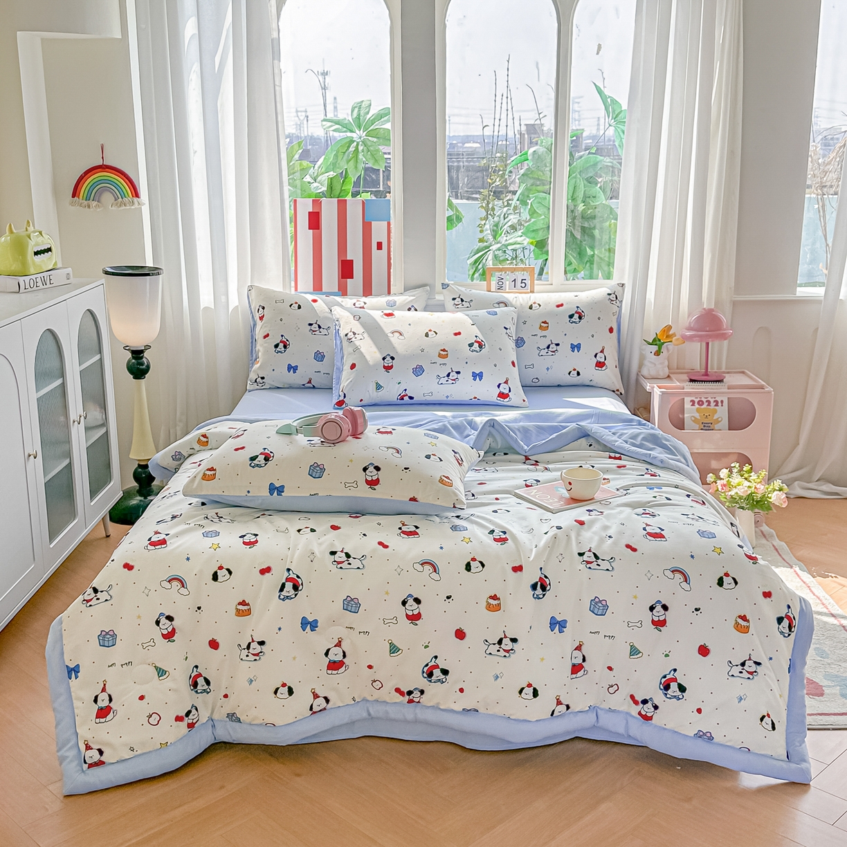 91家纺网 家纺一手货源 找家纺 颜选 2026新款水洗棉夏被夏凉被空调被四件套 空调被圣诞幸运小狗