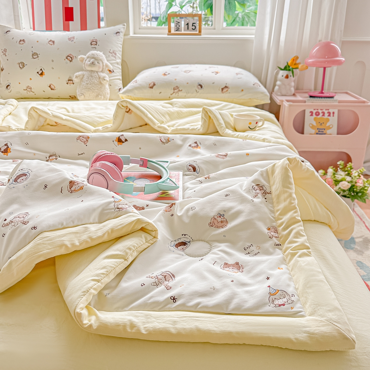 91家纺网 家纺一手货源 找家纺 颜选 2026新款水洗棉夏被夏凉被空调被四件套 空调被小盯