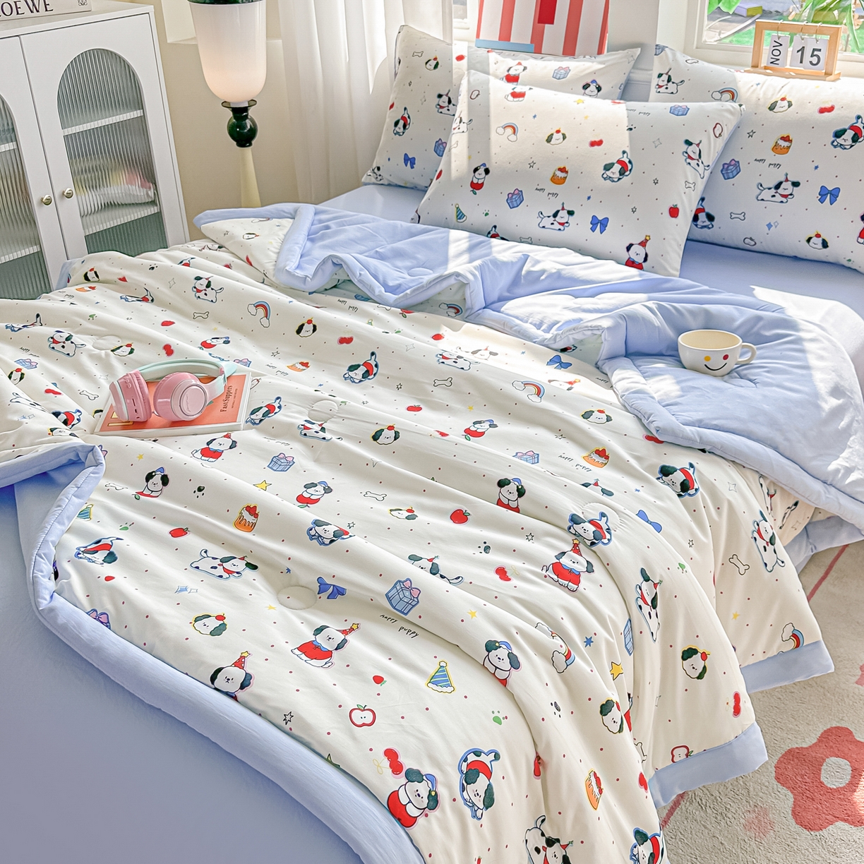 91家纺网 家纺一手货源 找家纺 颜选 2026新款水洗棉夏被夏凉被空调被四件套 空调被圣诞幸运小狗