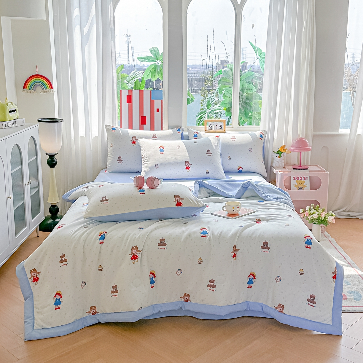 91家纺网 家纺一手货源 找家纺 颜选 2026新款水洗棉夏被夏凉被空调被四件套 空调被小女孩