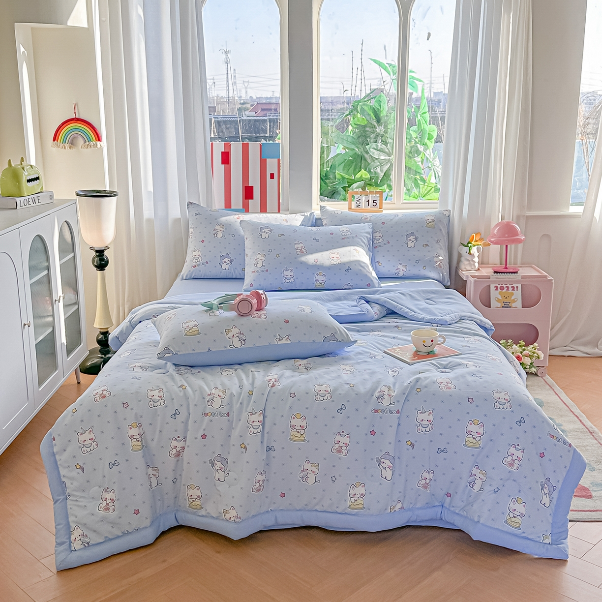 91家纺网 家纺一手货源 找家纺 颜选 2026新款水洗棉夏被夏凉被空调被四件套 空调被幸运奶芙猫