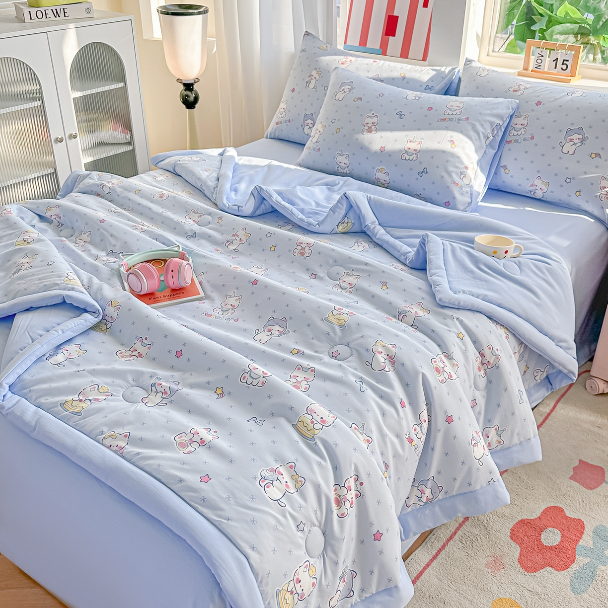 91家纺网 家纺一手货源 找家纺 颜选 2026新款水洗棉夏被夏凉被空调被四件套 空调被幸运奶芙猫