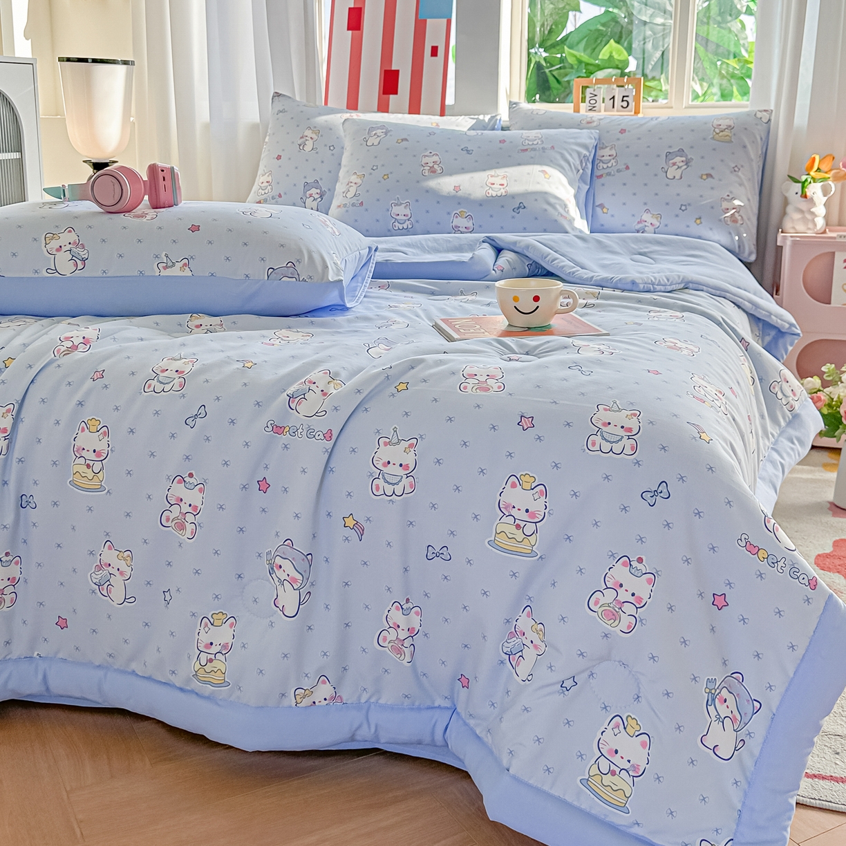 91家纺网 家纺一手货源 找家纺 颜选 2026新款水洗棉夏被夏凉被空调被四件套 空调被幸运奶芙猫