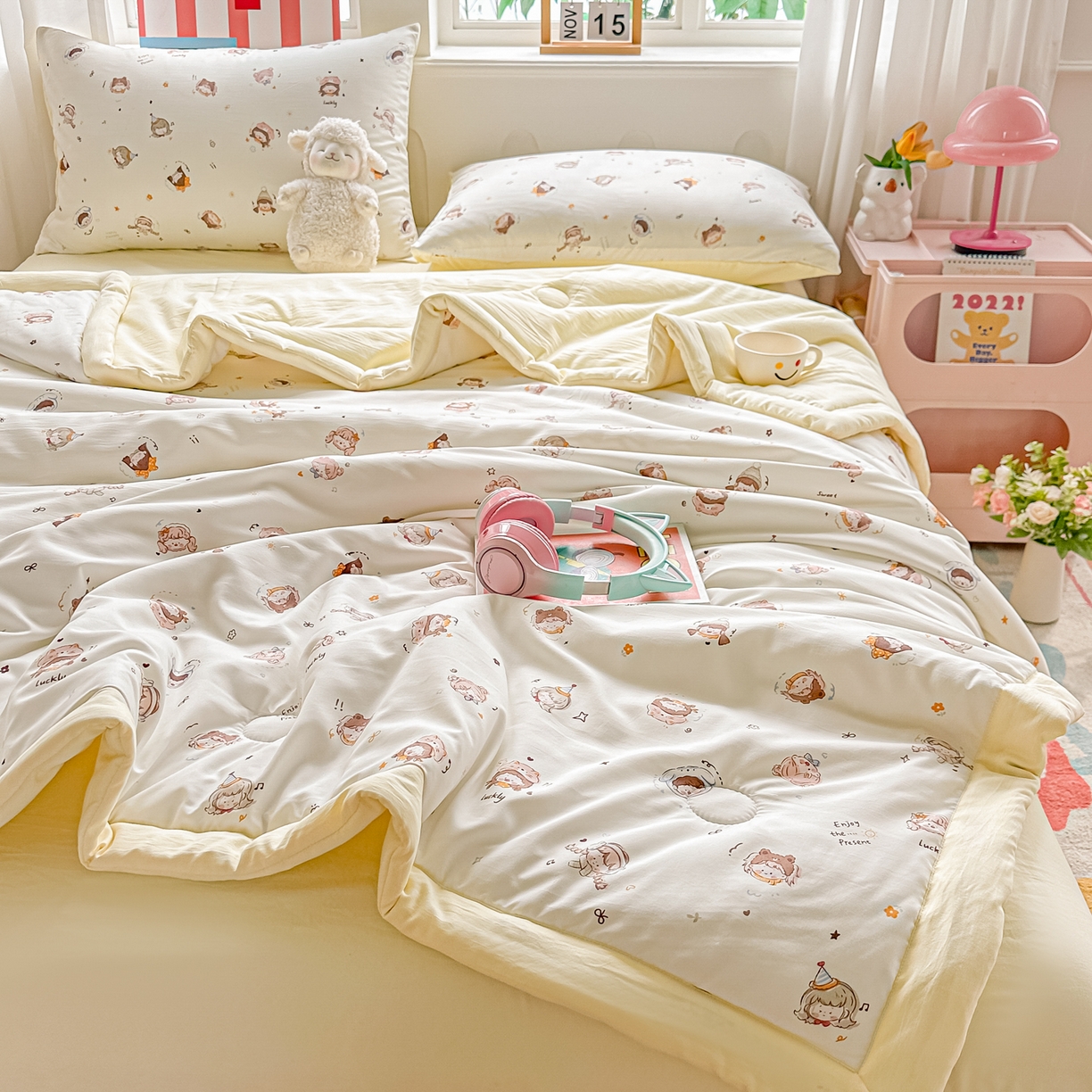 91家纺网 家纺一手货源 找家纺 颜选 2026新款水洗棉夏被夏凉被空调被四件套 空调被小盯