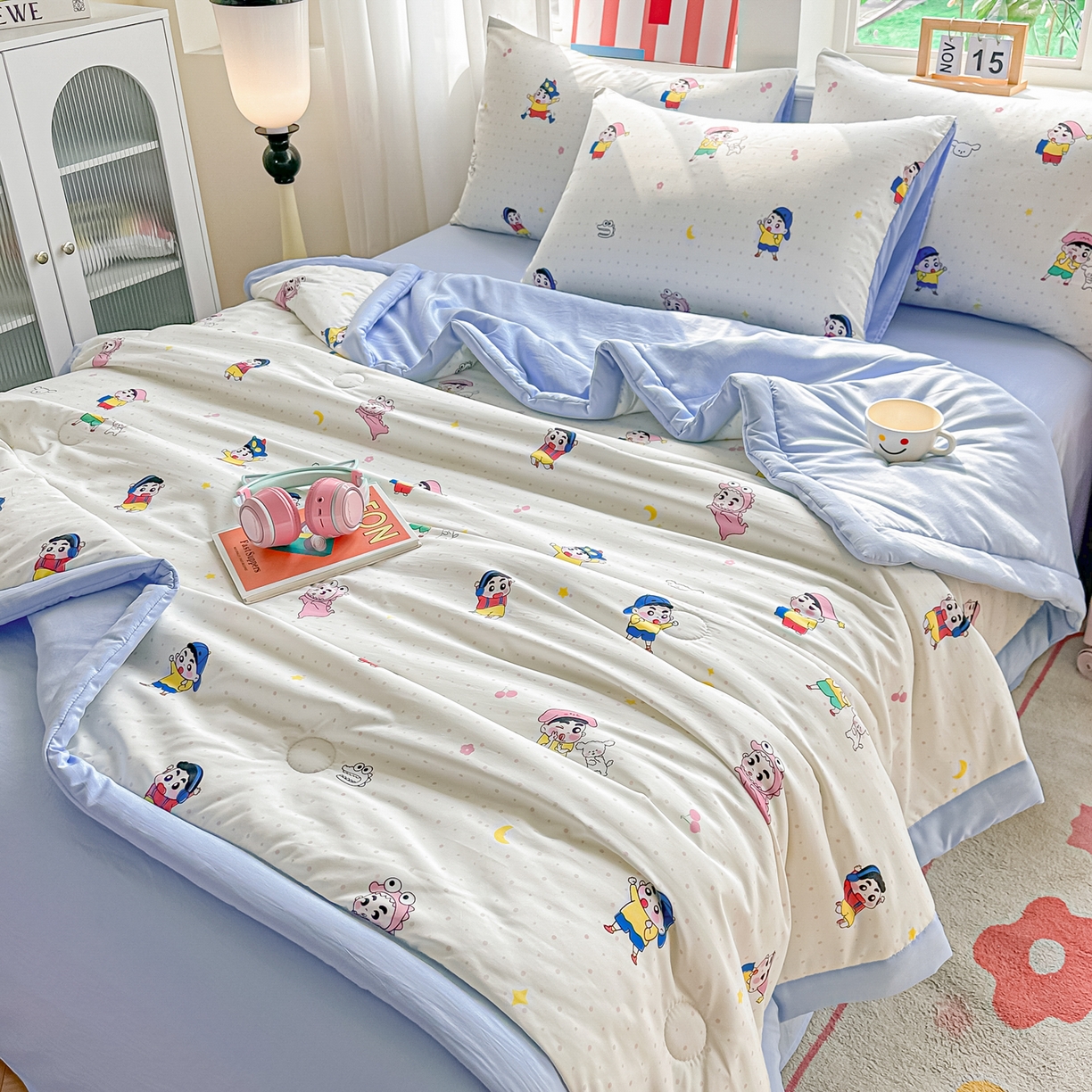 91家纺网 家纺一手货源 找家纺 颜选 2026新款水洗棉夏被夏凉被空调被四件套 空调被小新星