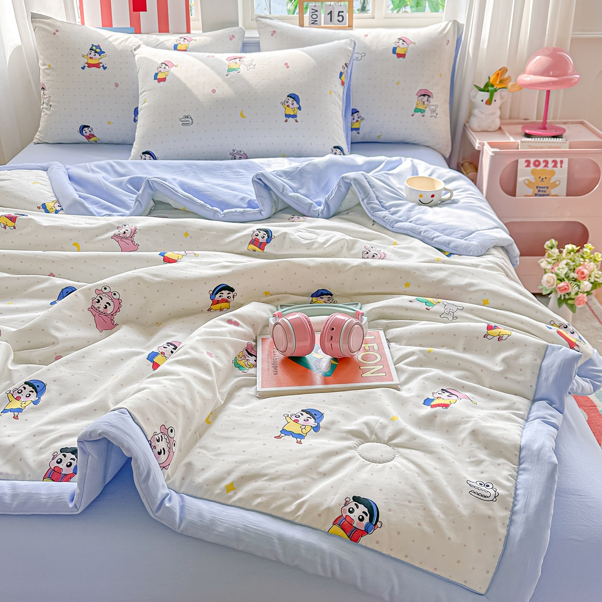 91家纺网 家纺一手货源 找家纺 颜选 2026新款水洗棉夏被夏凉被空调被四件套 空调被小新星