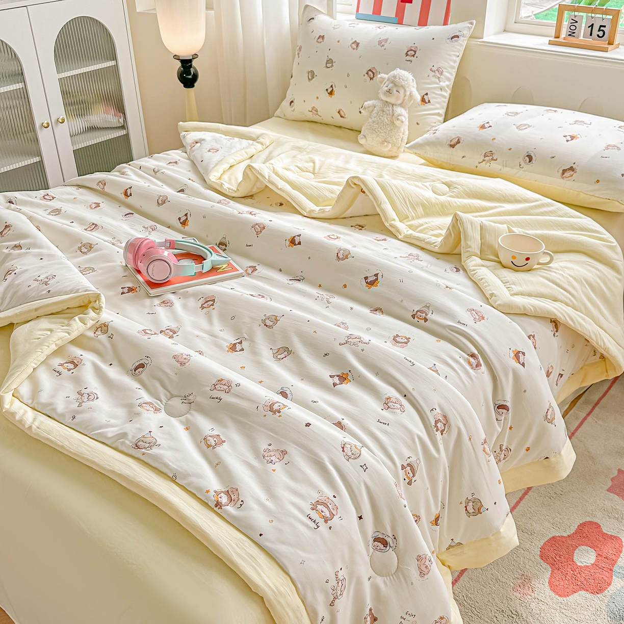 91家纺网 家纺一手货源 找家纺 颜选 2026新款水洗棉夏被夏凉被空调被四件套 空调被小盯