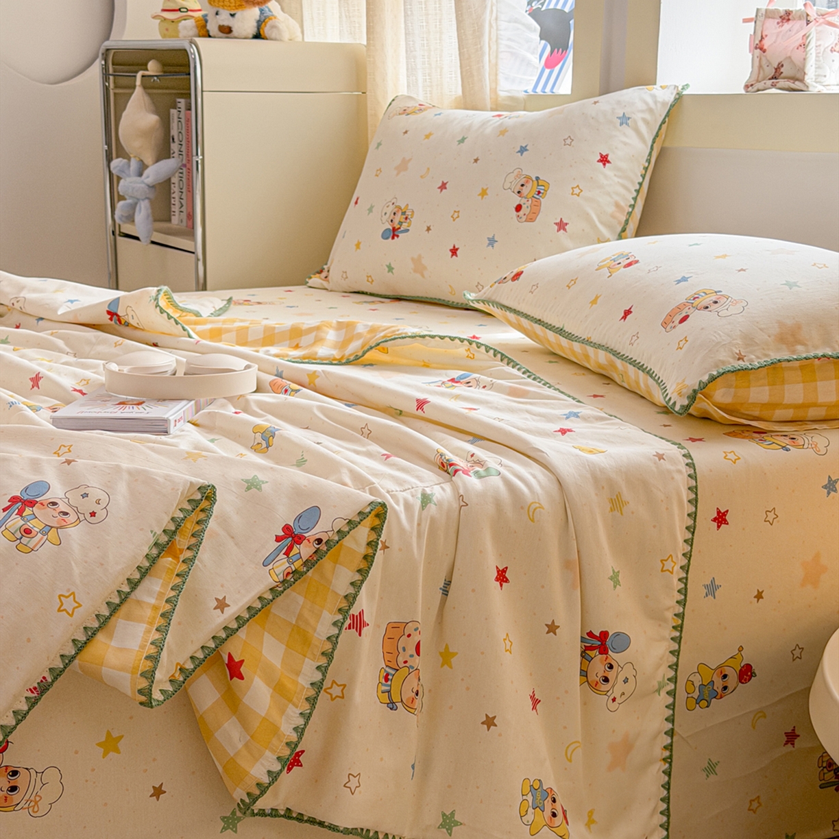 91家纺网 家纺一手货源 找家纺 简宜家居（朝初家纺） 2026新款全棉花卉卡通系列贝壳边夏被四件套 七彩星星