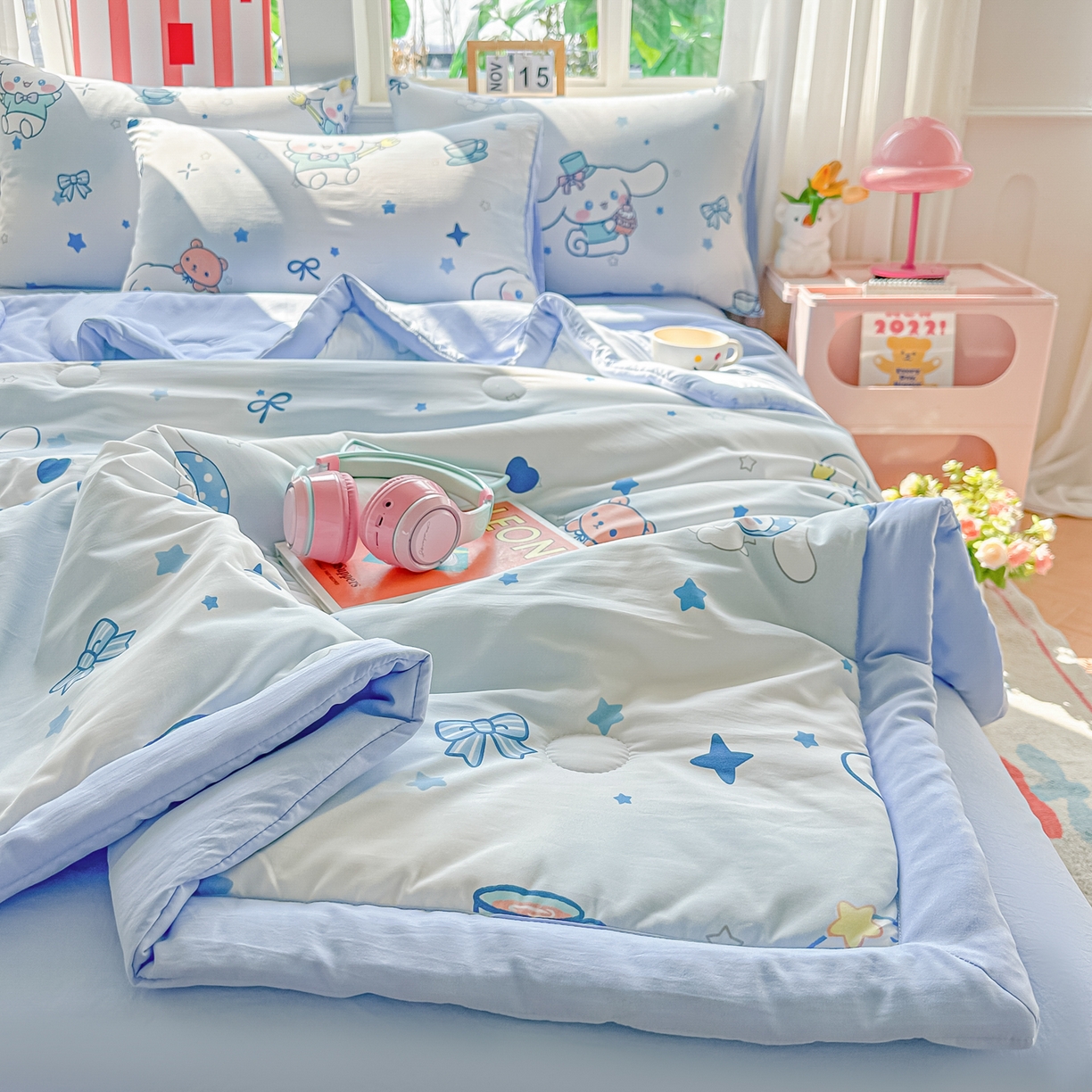 91家纺网 家纺一手货源 找家纺 颜选 2026新款水洗棉夏被夏凉被空调被四件套 空调被长耳朵星星