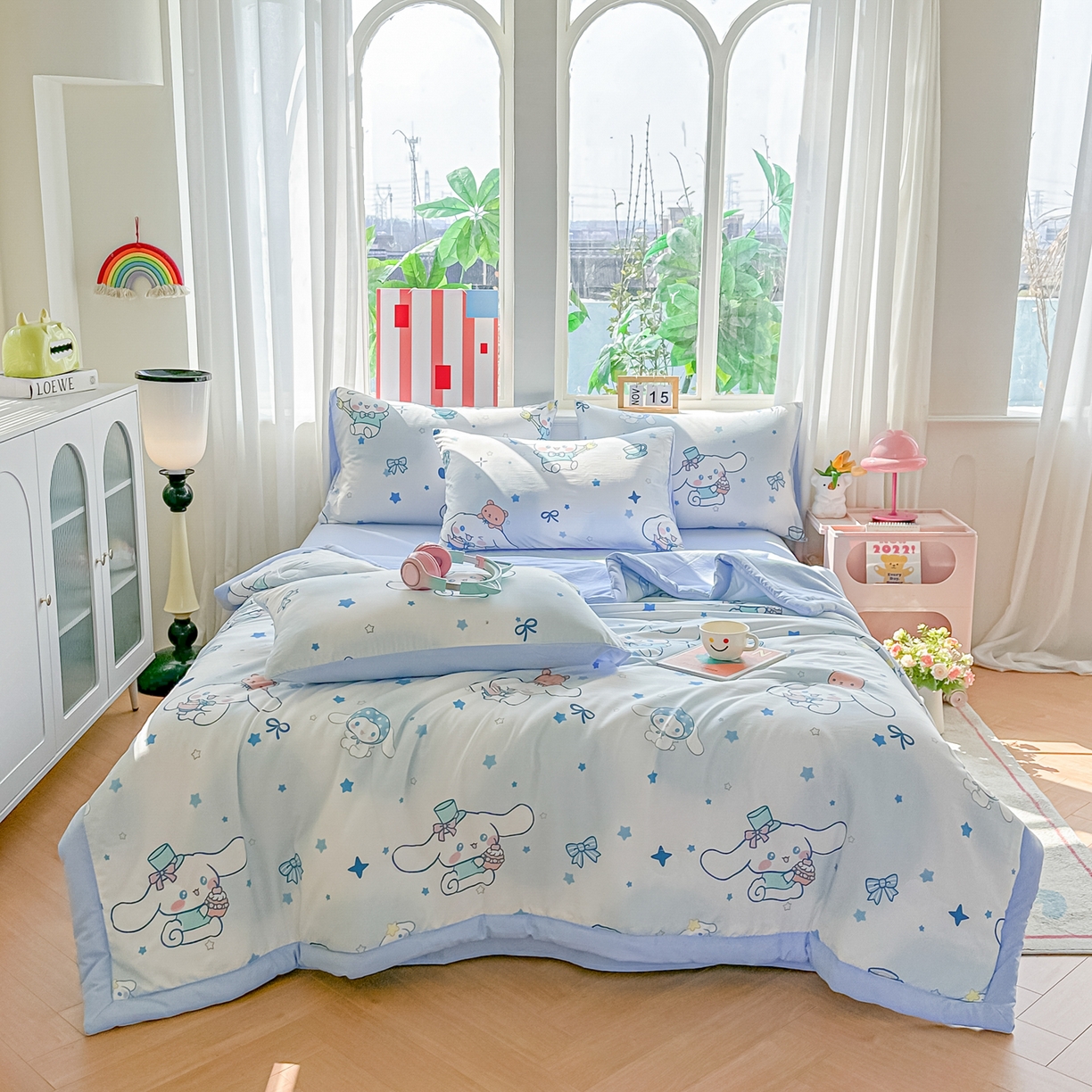 91家纺网 家纺一手货源 找家纺 颜选 2026新款水洗棉夏被夏凉被空调被四件套 空调被长耳朵星星