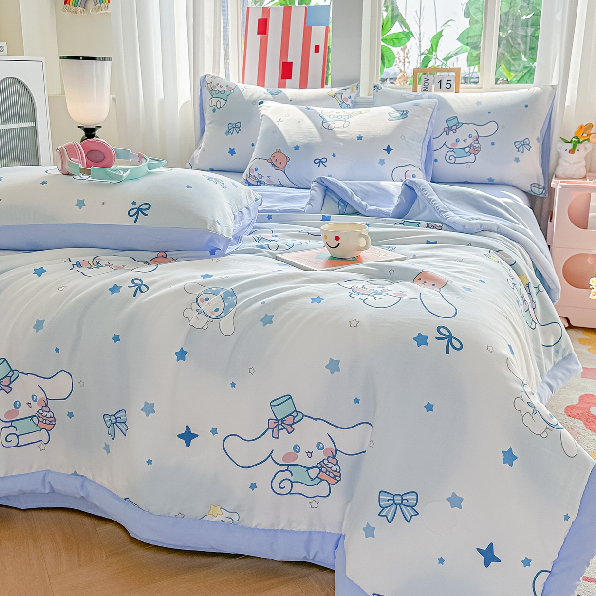 91家纺网 家纺一手货源 找家纺 颜选 2026新款水洗棉夏被夏凉被空调被四件套 空调被长耳朵星星