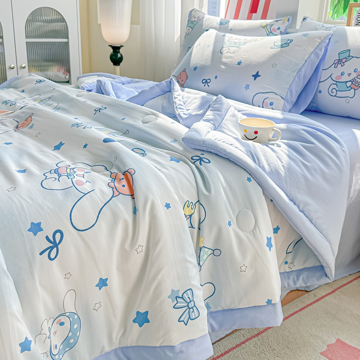 91家纺网 家纺一手货源 找家纺 颜选 2026新款水洗棉夏被夏凉被空调被四件套 空调被长耳朵星星