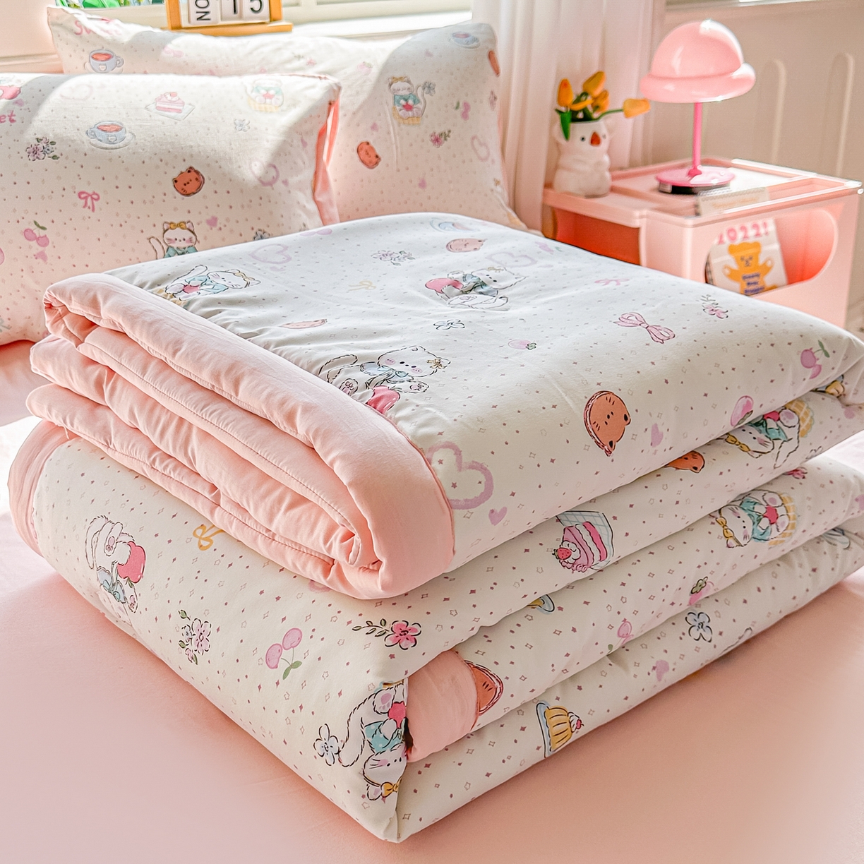 颜选 2026新款水洗棉夏被夏凉被空调被四件套 空调被甜心猫