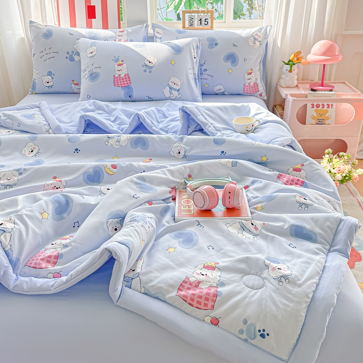 91家纺网 家纺一手货源 找家纺 颜选 2026新款水洗棉夏被夏凉被空调被四件套 空调被汪星人