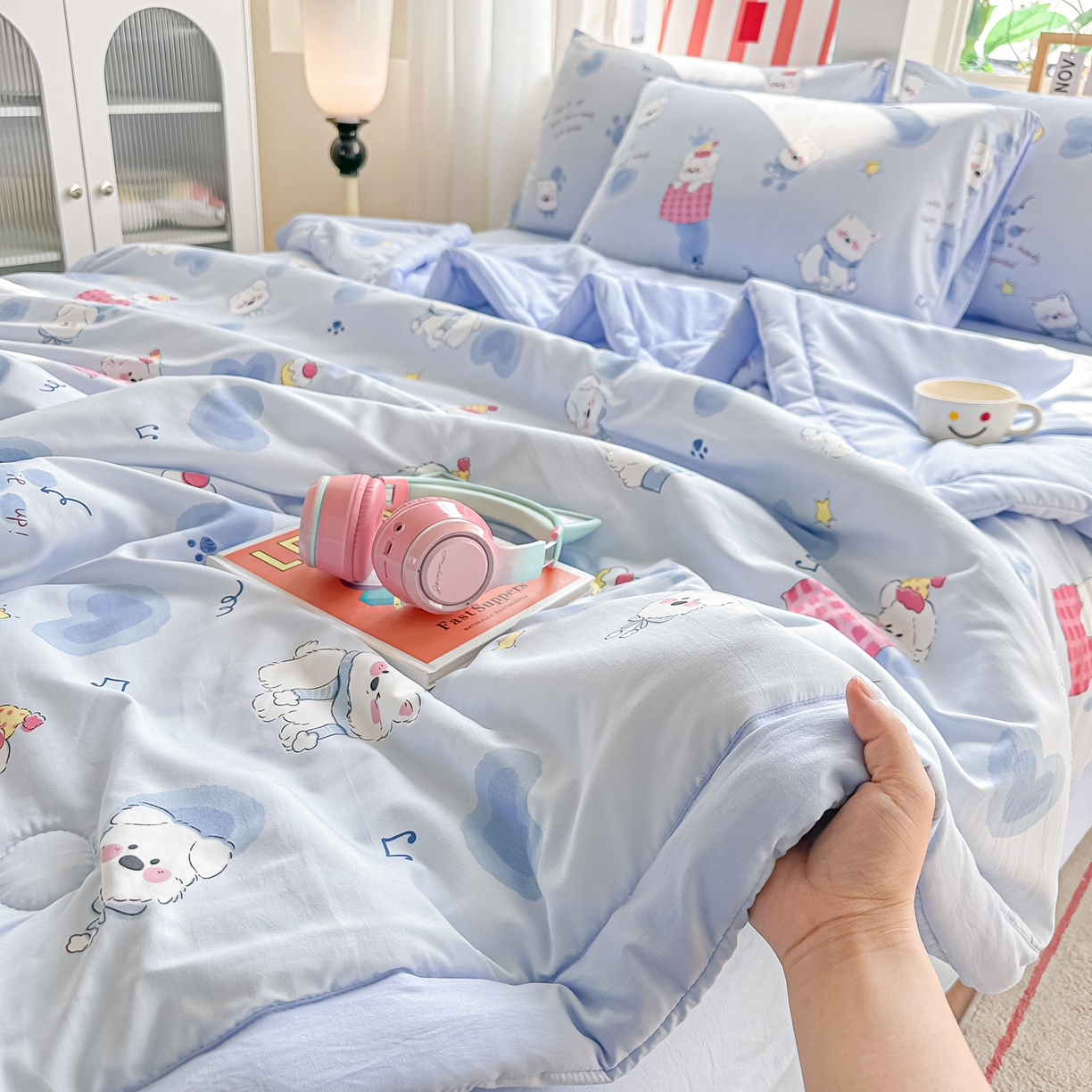 91家纺网 家纺一手货源 找家纺 颜选 2026新款水洗棉夏被夏凉被空调被四件套 空调被汪星人