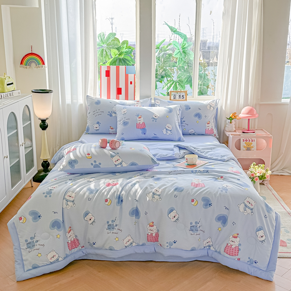 91家纺网 家纺一手货源 找家纺 颜选 2026新款水洗棉夏被夏凉被空调被四件套 空调被汪星人