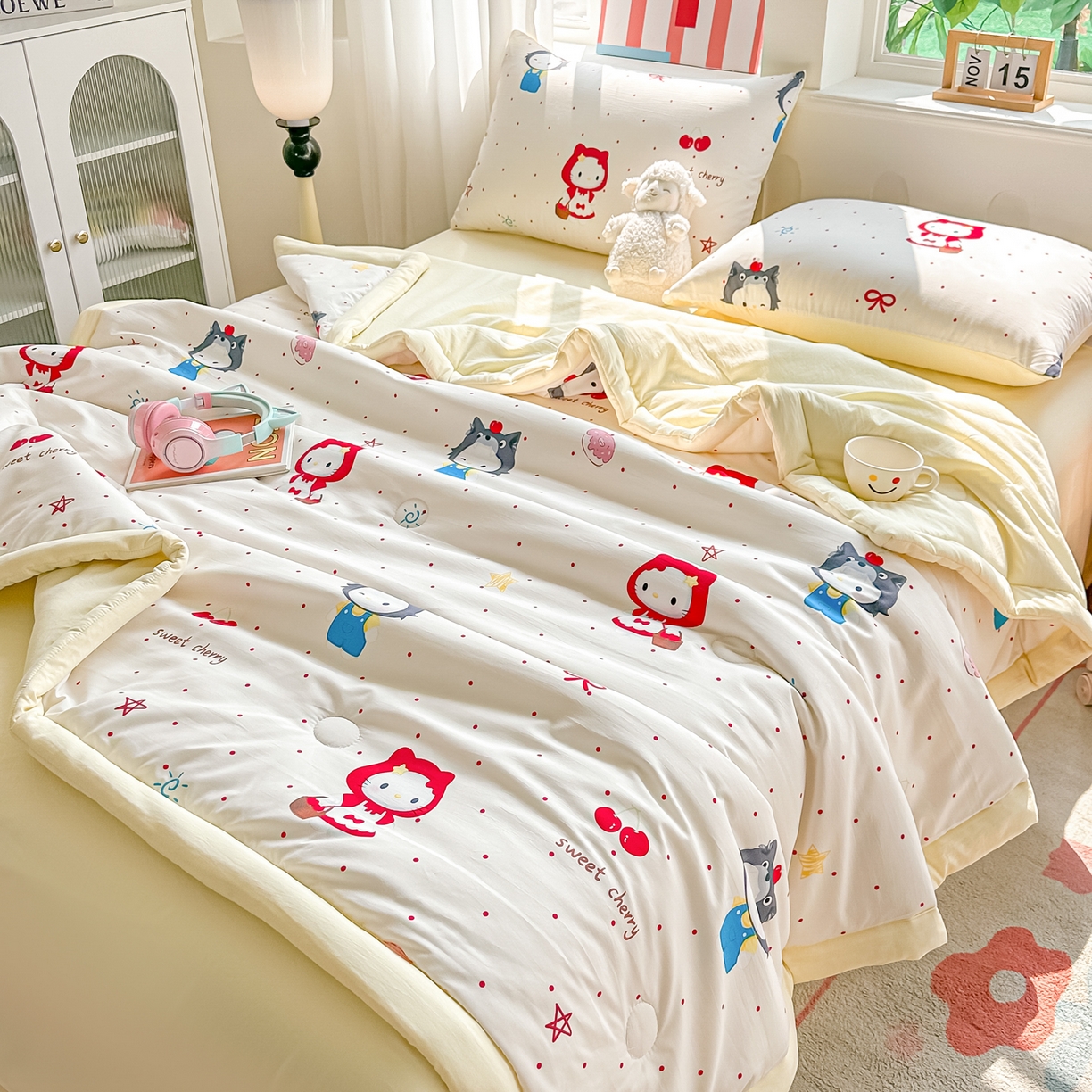 91家纺网 家纺一手货源 找家纺 颜选 2026新款水洗棉夏被夏凉被空调被四件套 空调被甜心小红帽