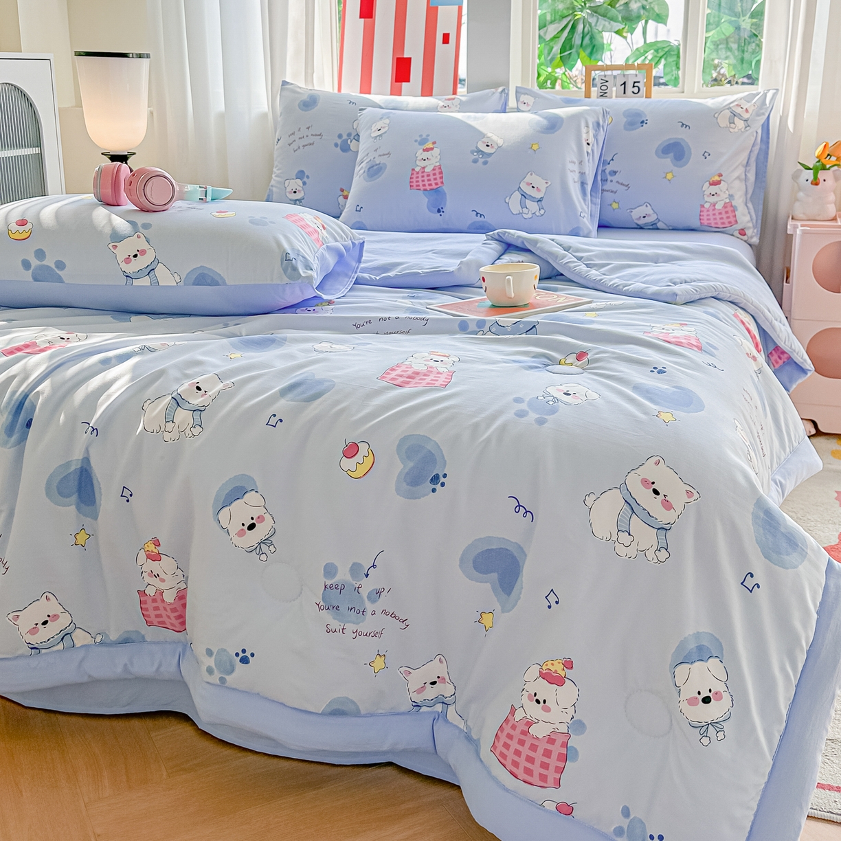 91家纺网 家纺一手货源 找家纺 颜选 2026新款水洗棉夏被夏凉被空调被四件套 空调被汪星人