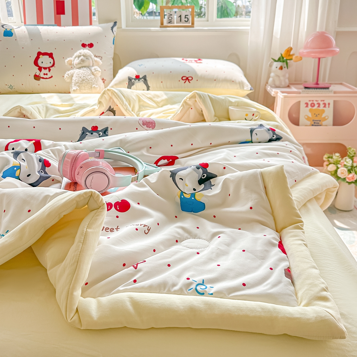 91家纺网 家纺一手货源 找家纺 颜选 2026新款水洗棉夏被夏凉被空调被四件套 空调被甜心小红帽