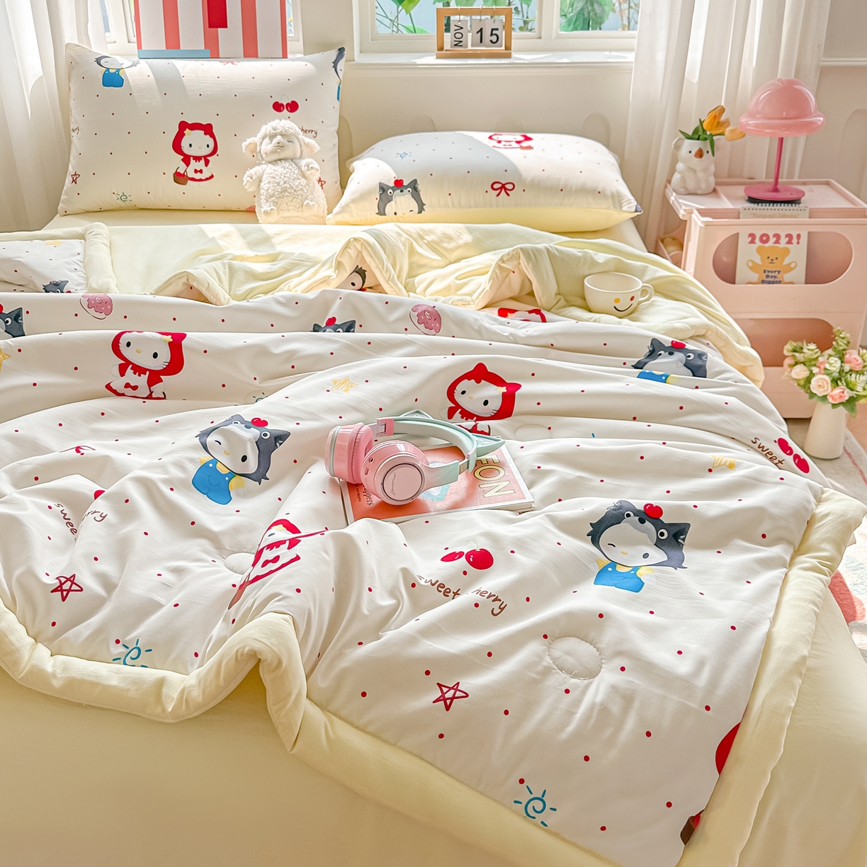 91家纺网 家纺一手货源 找家纺 颜选 2026新款水洗棉夏被夏凉被空调被四件套 空调被甜心小红帽