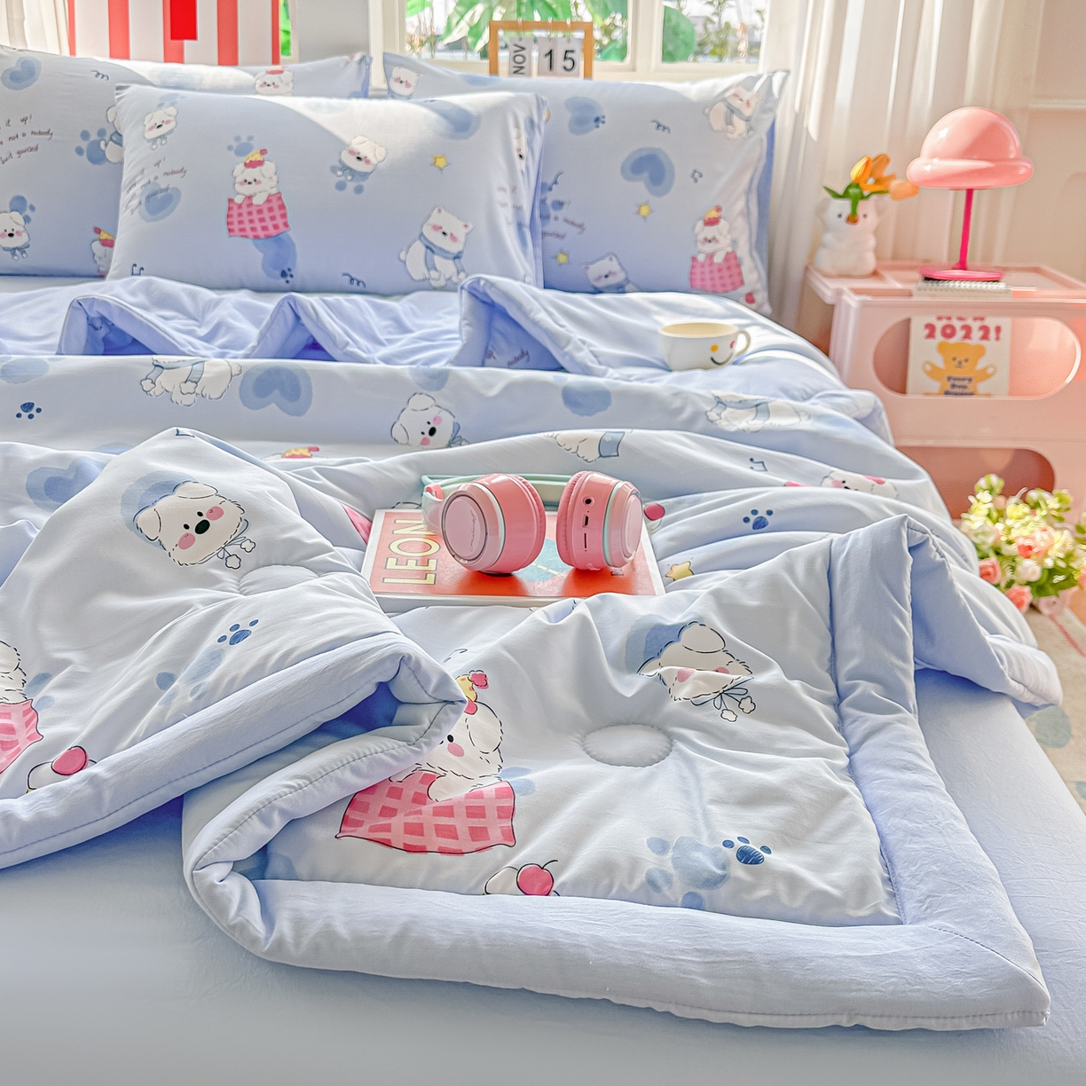 91家纺网 家纺一手货源 找家纺 颜选 2026新款水洗棉夏被夏凉被空调被四件套 空调被汪星人