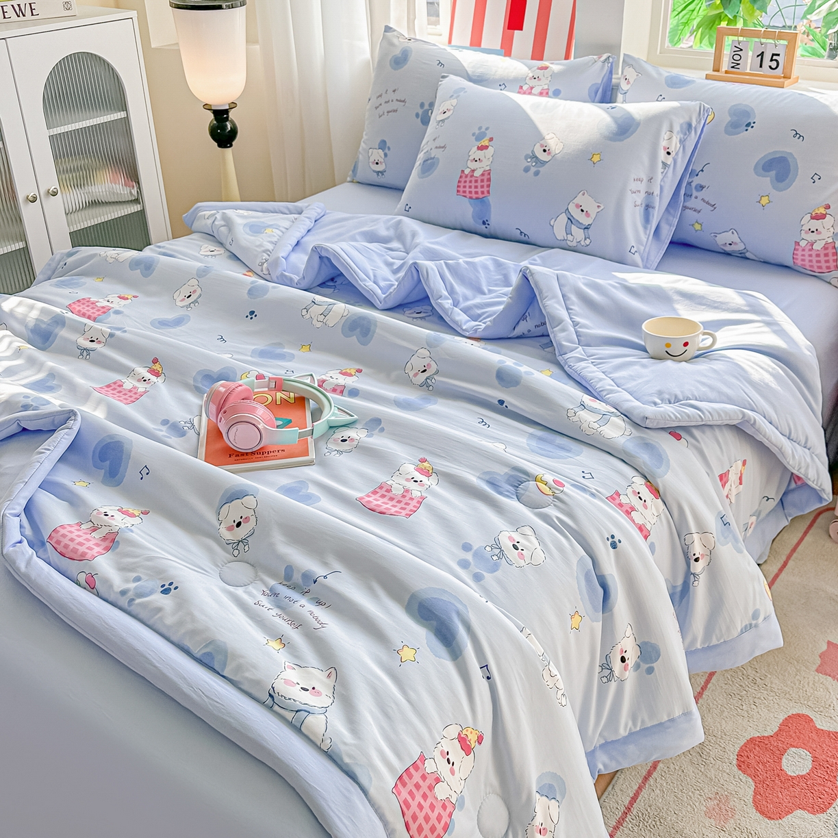 91家纺网 家纺一手货源 找家纺 颜选 2026新款水洗棉夏被夏凉被空调被四件套 空调被汪星人