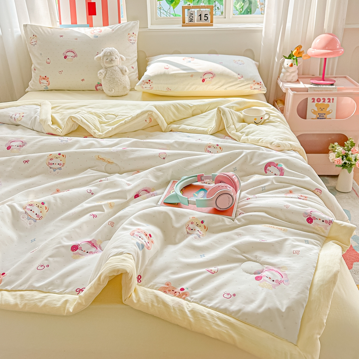 91家纺网 家纺一手货源 找家纺 颜选 2026新款水洗棉夏被夏凉被空调被四件套 空调被幸运猫