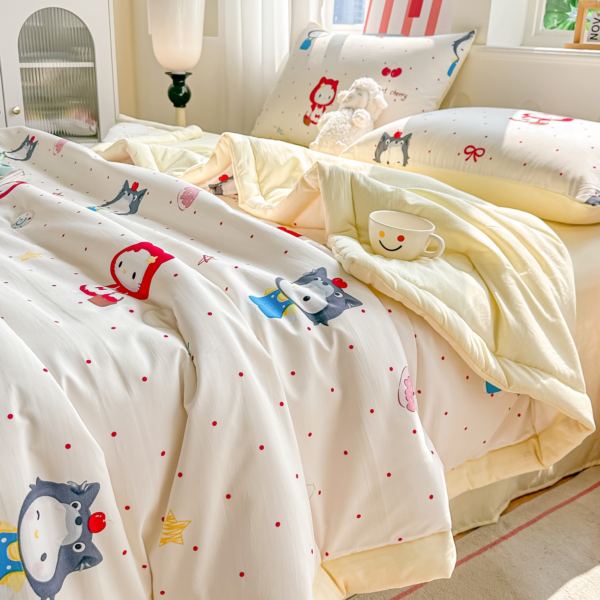 91家纺网 家纺一手货源 找家纺 颜选 2026新款水洗棉夏被夏凉被空调被四件套 空调被甜心小红帽