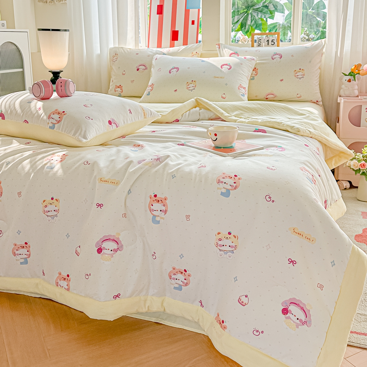 91家纺网 家纺一手货源 找家纺 颜选 2026新款水洗棉夏被夏凉被空调被四件套 空调被幸运猫